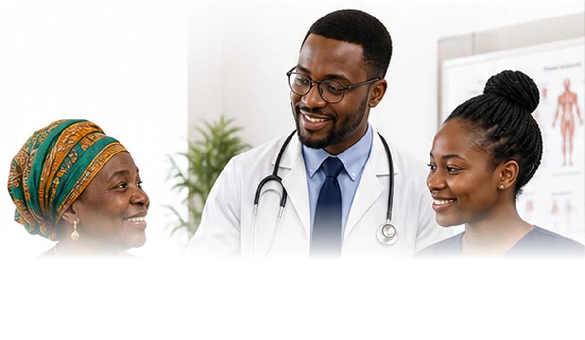 African patient, doctor, and nurse reviewing care together
